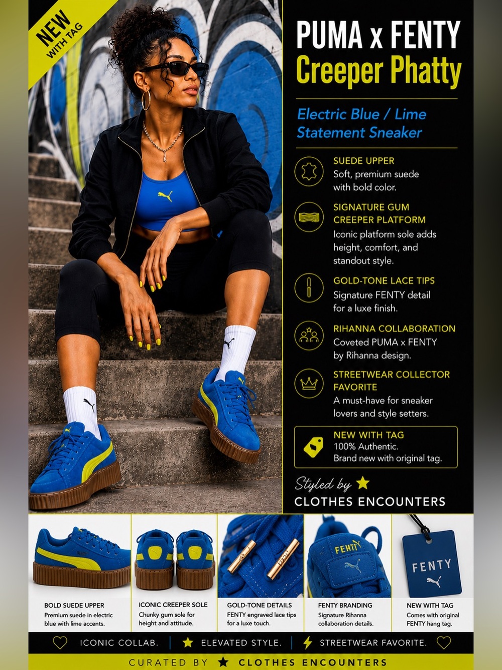 Rihanna Fenty X Puma Creeper Phatty Speed Blue  lime logo gold lace ends 8.5 NWT